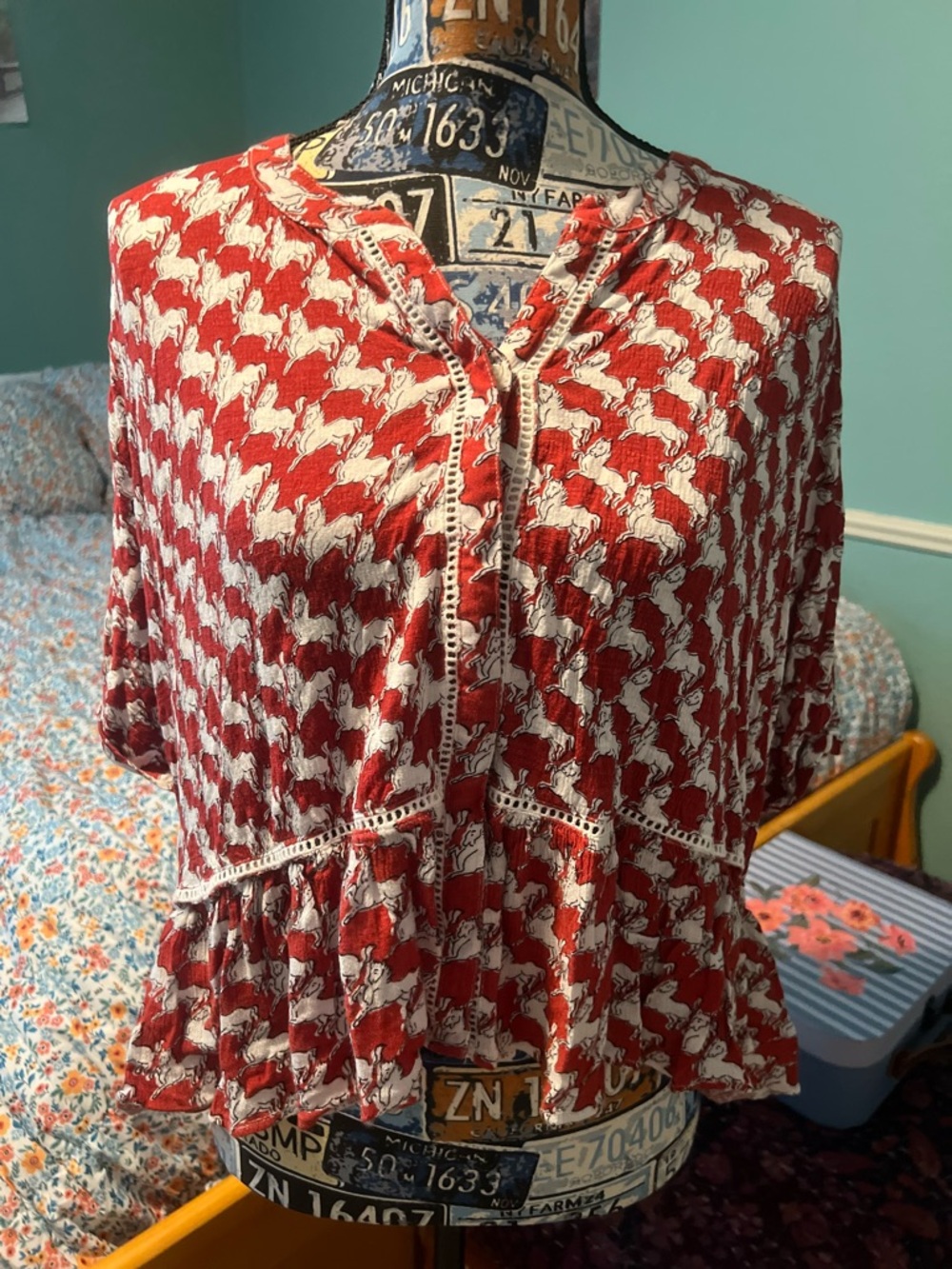 Anthropologie Red and White Printed Peplum Blouse